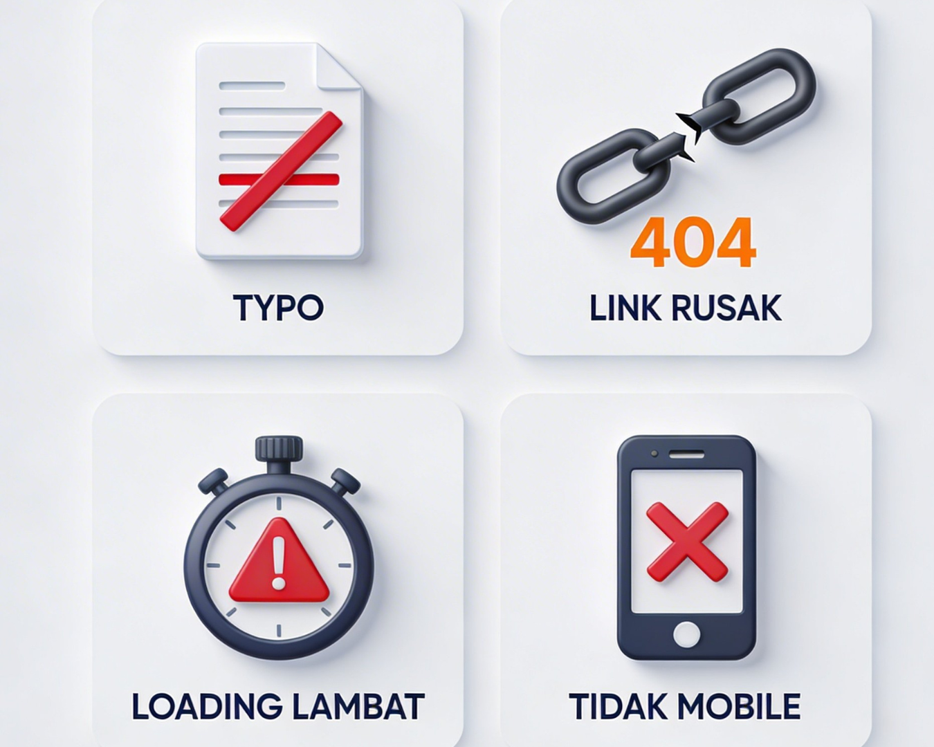 Infografis kesalahan umum website seperti typo link rusak loading lambat dan tidak mobile yang merusak kepercayaan pengunjung dan kredibilitas bisnis