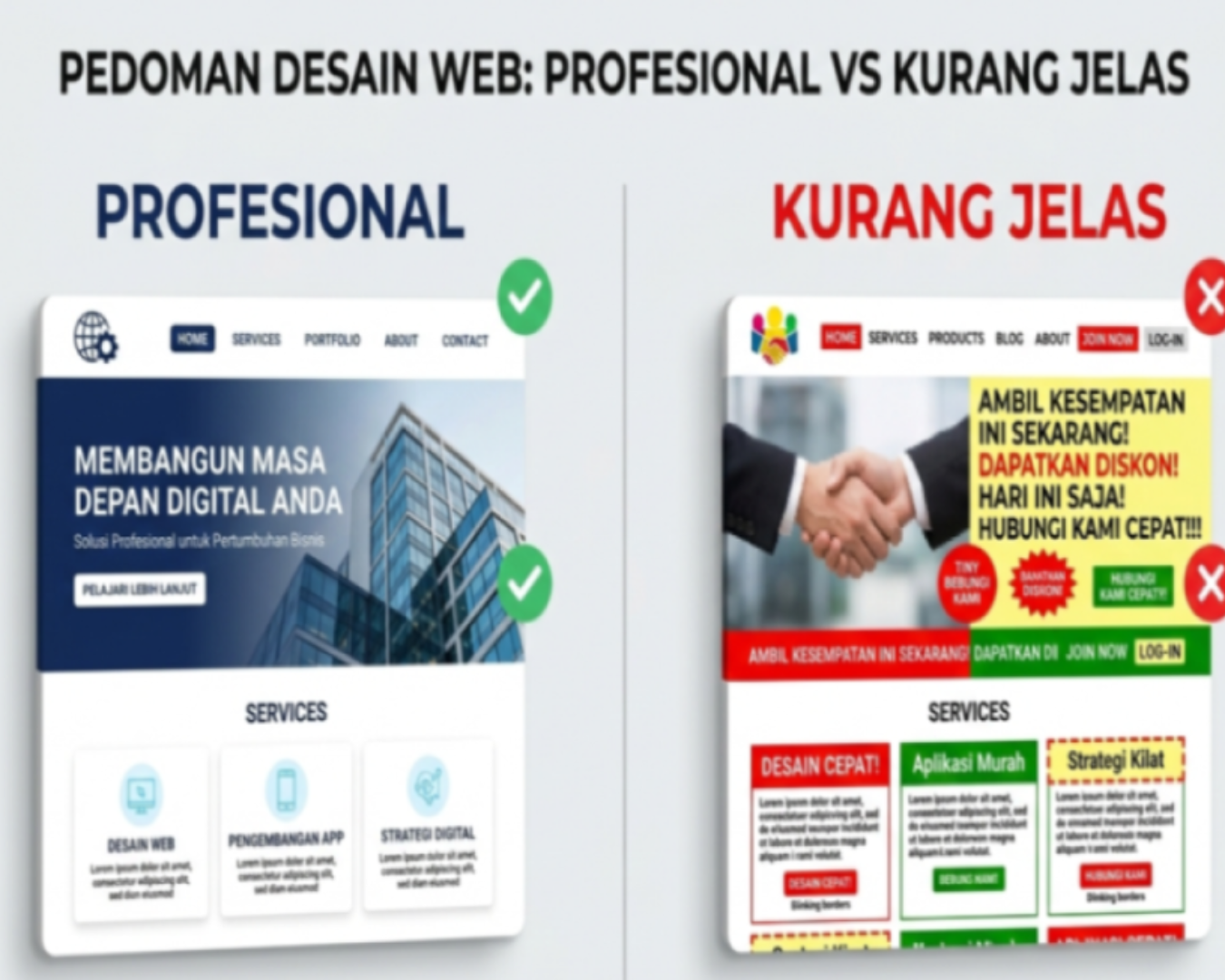 Perbandingan elemen desain visual website profesional vs kurang jelas menunjukkan pentingnya konsistensi warna tipografi dan whitespace untuk kredibilitas bisnis