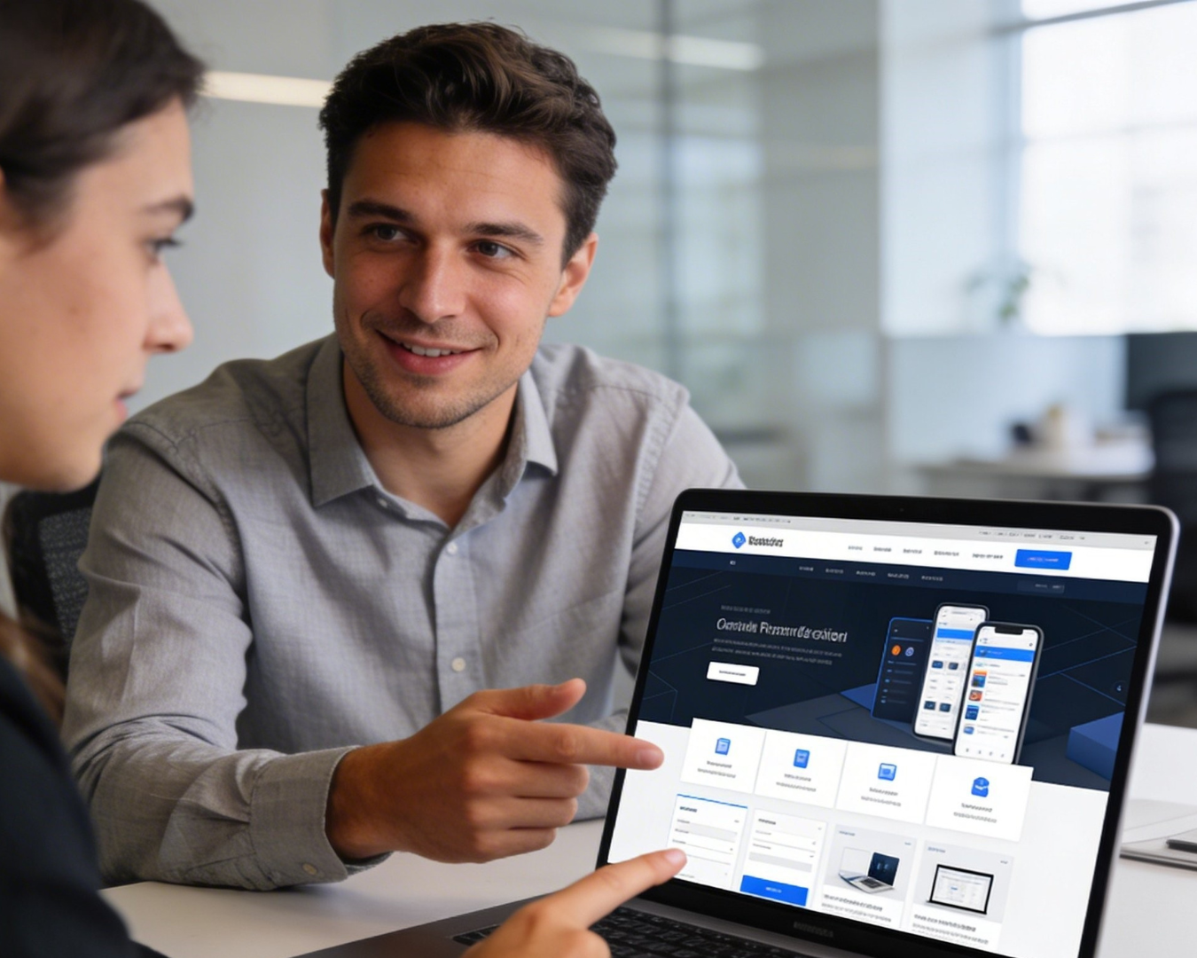 seorang pria memperlihatkan design web bisnis ke client