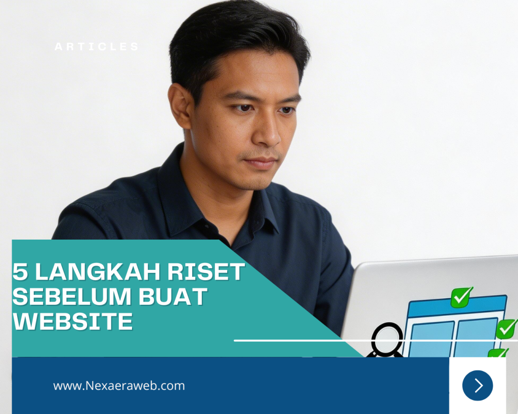 Pebisnis riset sebelum buat website dengan laptop menampilkan dashboard research untuk website bisnis