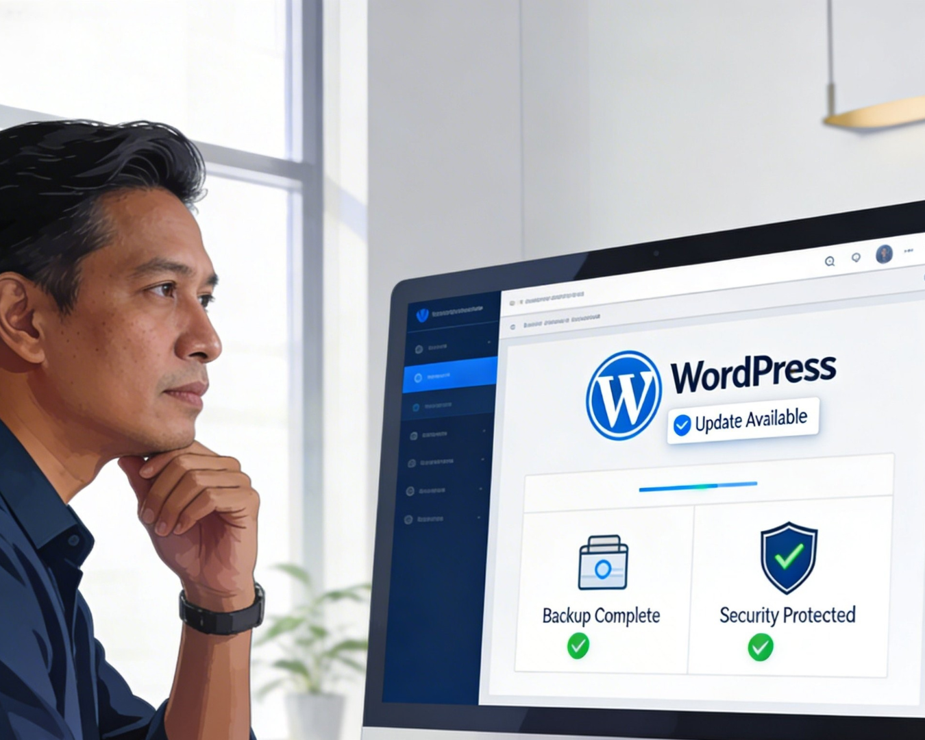 Pebisnis melihat dashboard WordPress maintenance dengan indikator update backup dan keamanan website untuk perawatan rutin bisnis digital
