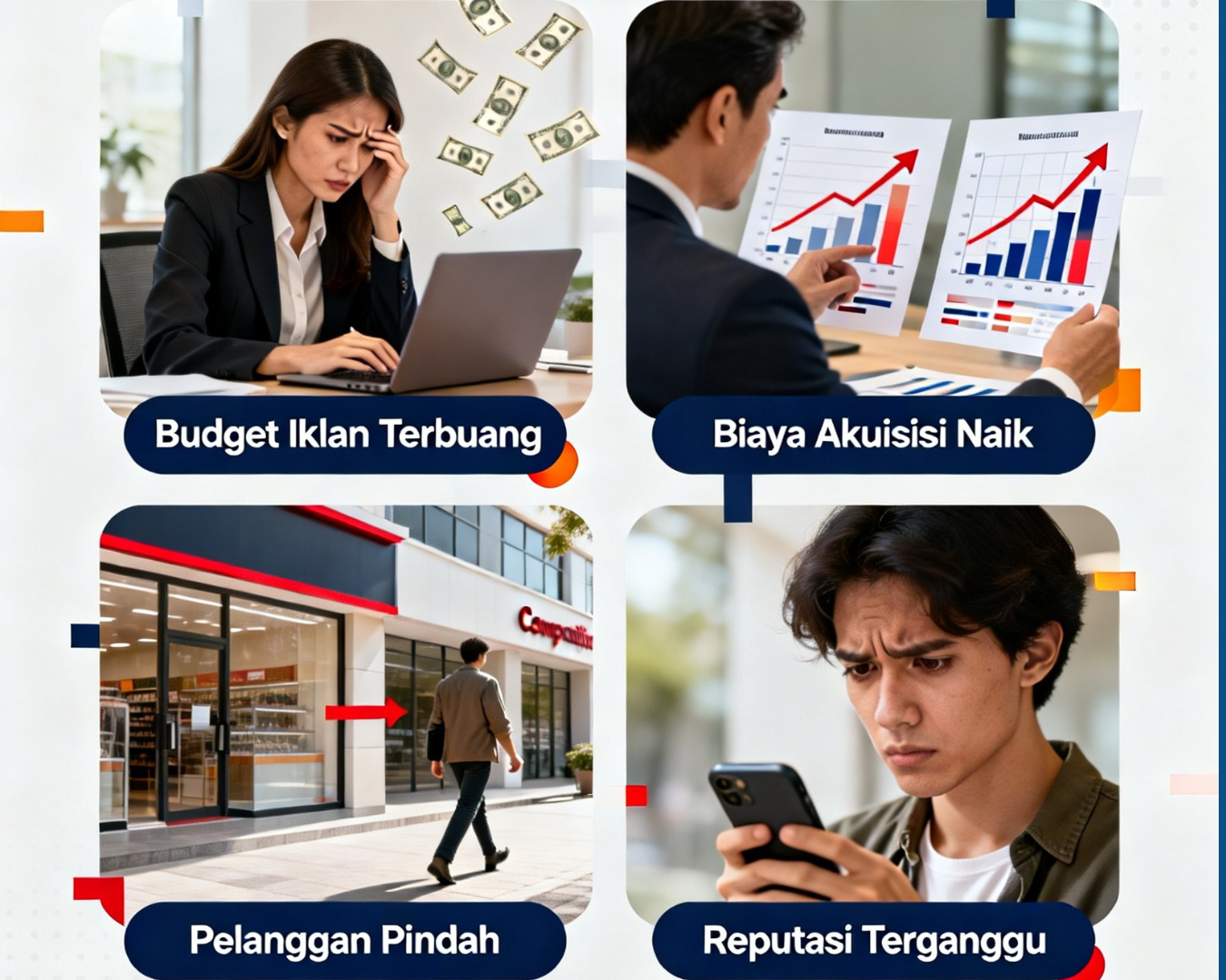 Infografis empat biaya tersembunyi website lambat: budget iklan terbuang, biaya akuisisi pelanggan naik, pelanggan pindah ke kompetitor, dan reputasi brand terganggu