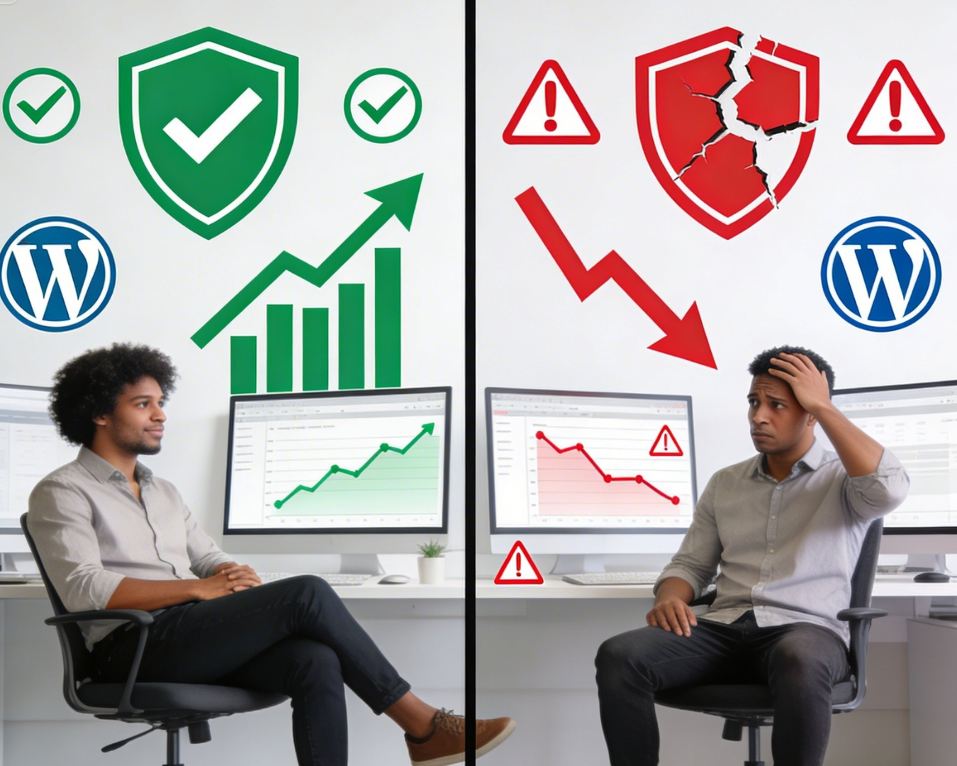 Perbandingan website WordPress dengan maintenance aman versus tanpa maintenance berisiko keamanan dan downtime untuk bisnis digital