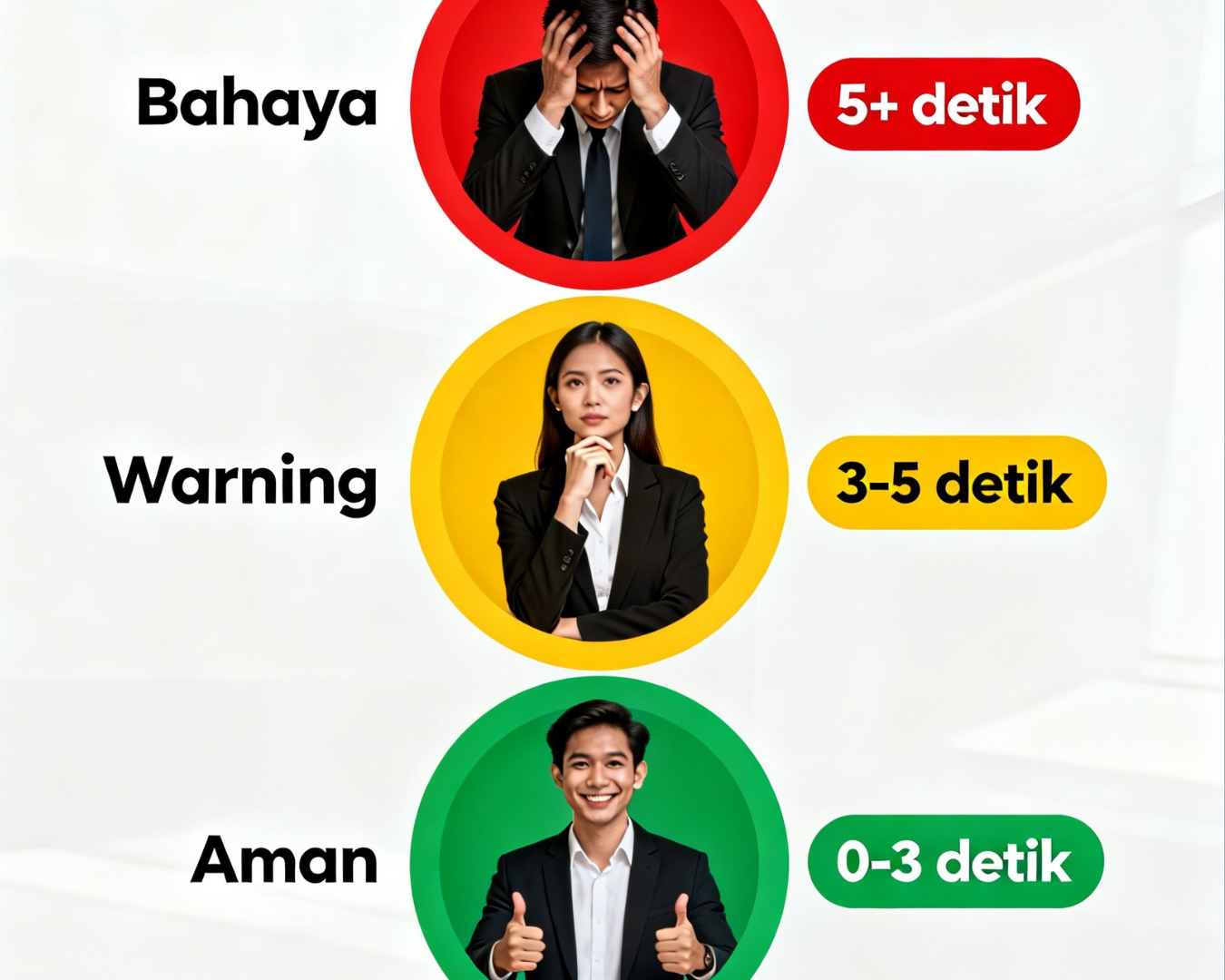 Traffic light indicator tiga zona performa website: bahaya loading 5 detik lebih, warning 3-5 detik, aman di bawah 3 detik dengan reaksi bisnis real