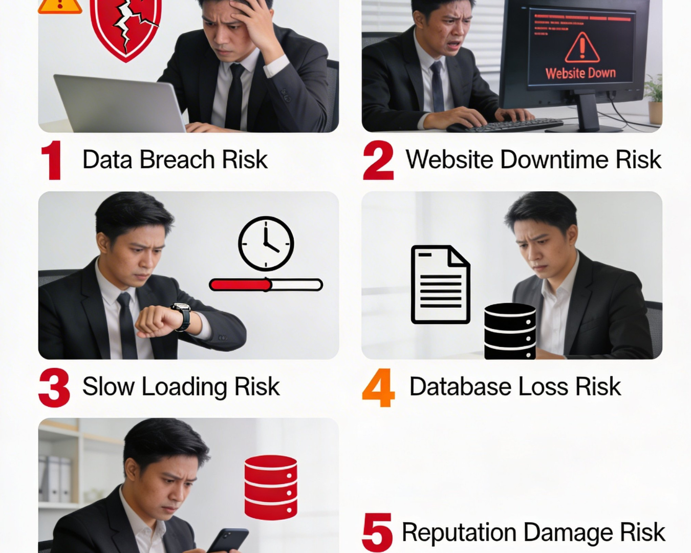Infografis 5 risiko fatal website tanpa maintenance wordpress: keamanan terancam, error, performa turun, data hilang, reputasi rusak untuk bisnis digital