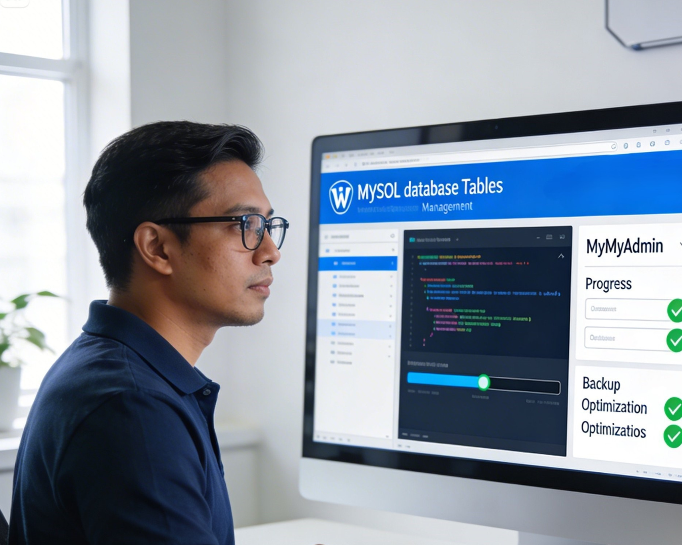Teknisi pria handling database WordPress maintenance dengan interface phpMyAdmin untuk backup dan optimasi website bisnis digital