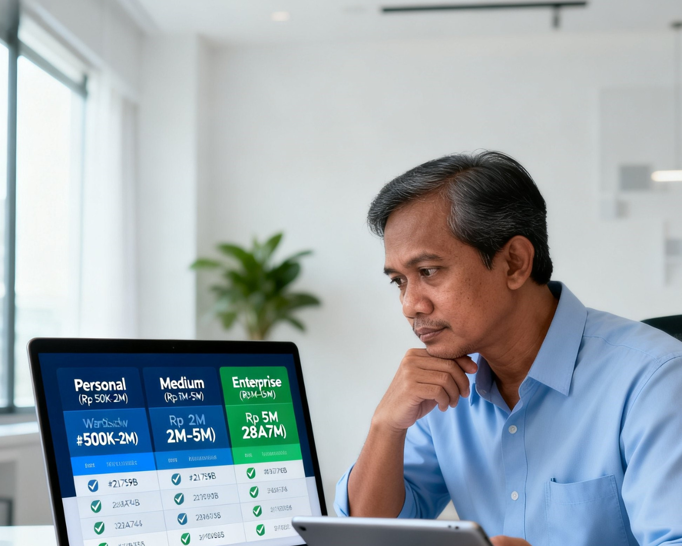 Pebisnis menghitung biaya website maintenance WordPress dengan tabel perbandingan paket personal medium dan enterprise untuk anggaran bisnis digital