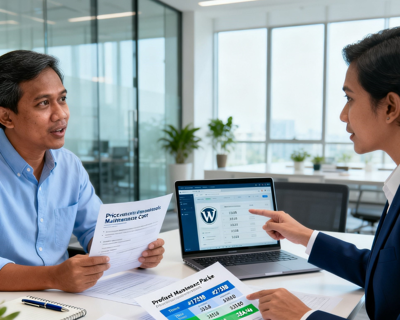 Pebisnis konsultasi dengan vendor tentang biaya dan paket website maintenance WordPress untuk memilih provider yang tepat bagi bisnis digital