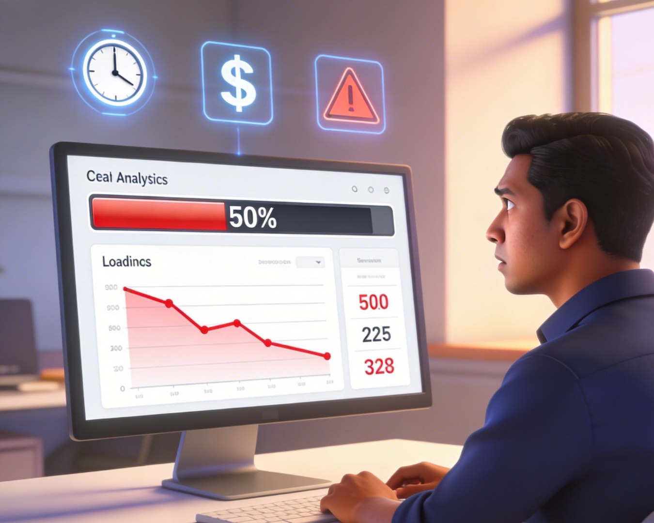 Website lambat rugi - dashboard analytics dengan loading bar dan grafik menurun