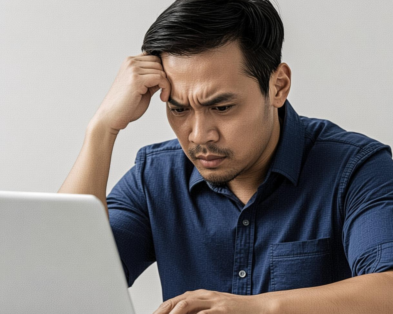 Ilustrasi orang mencari alamat website dengan bingung di laptop