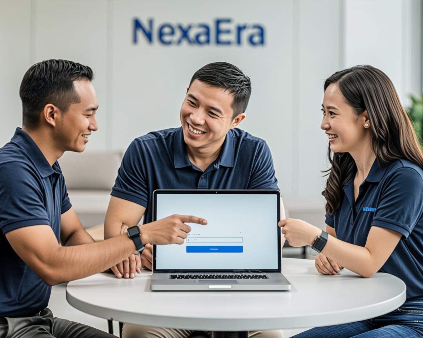 Ilustrasi tim NexaEra diskusi meja bundar memikirkan strategi nama domain klien